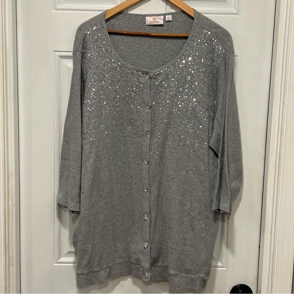 Quacker Factory Grey Knit Cardigan Sweater, Layered, Sequins, Bling, Plus Sz 3X